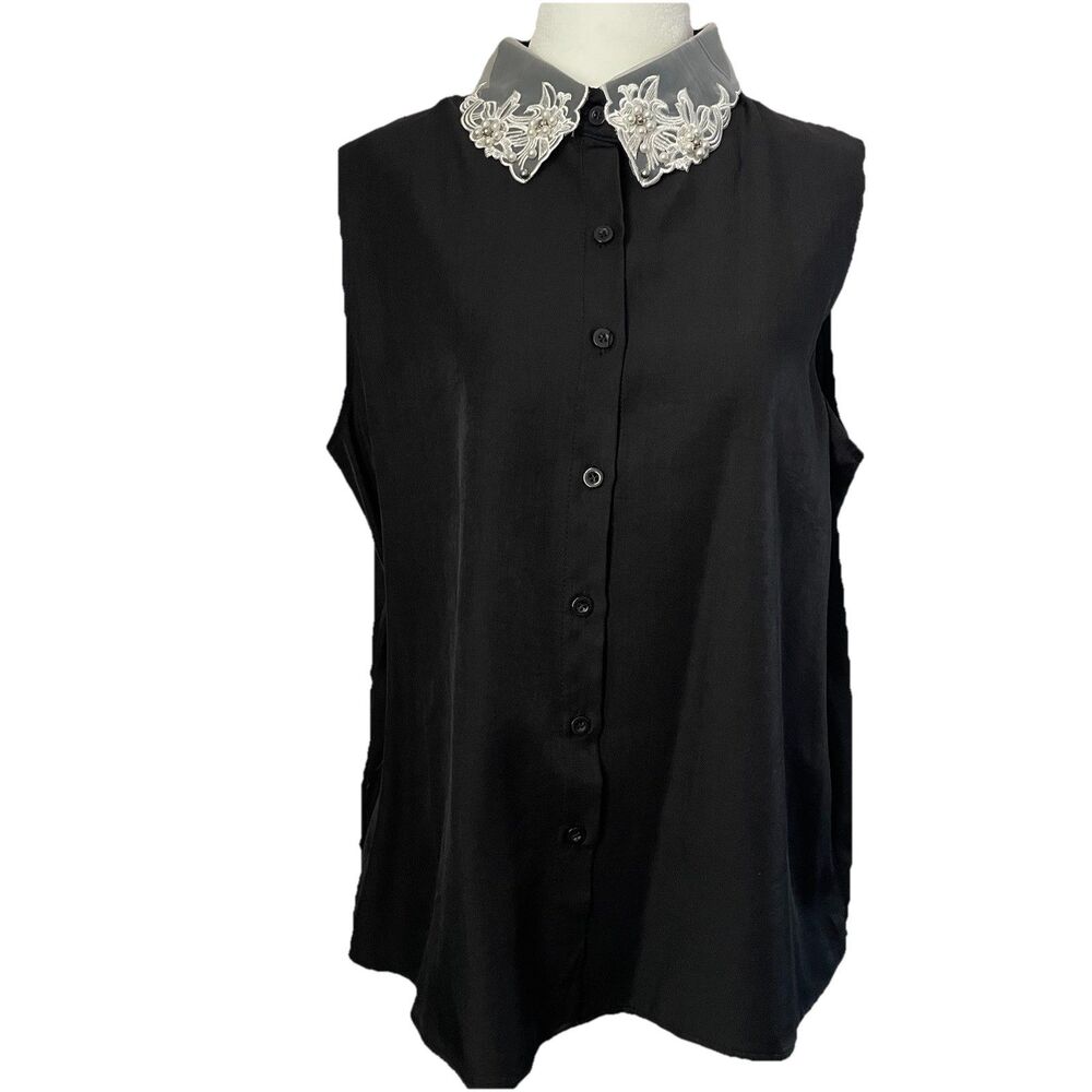 Women’s FM2050 Sleeveless Top Coquette Embellished Collar Black-L